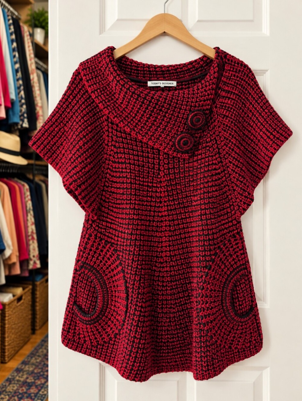 Today’s Designer Red Black Textured Knit Tunic Pocket Top
